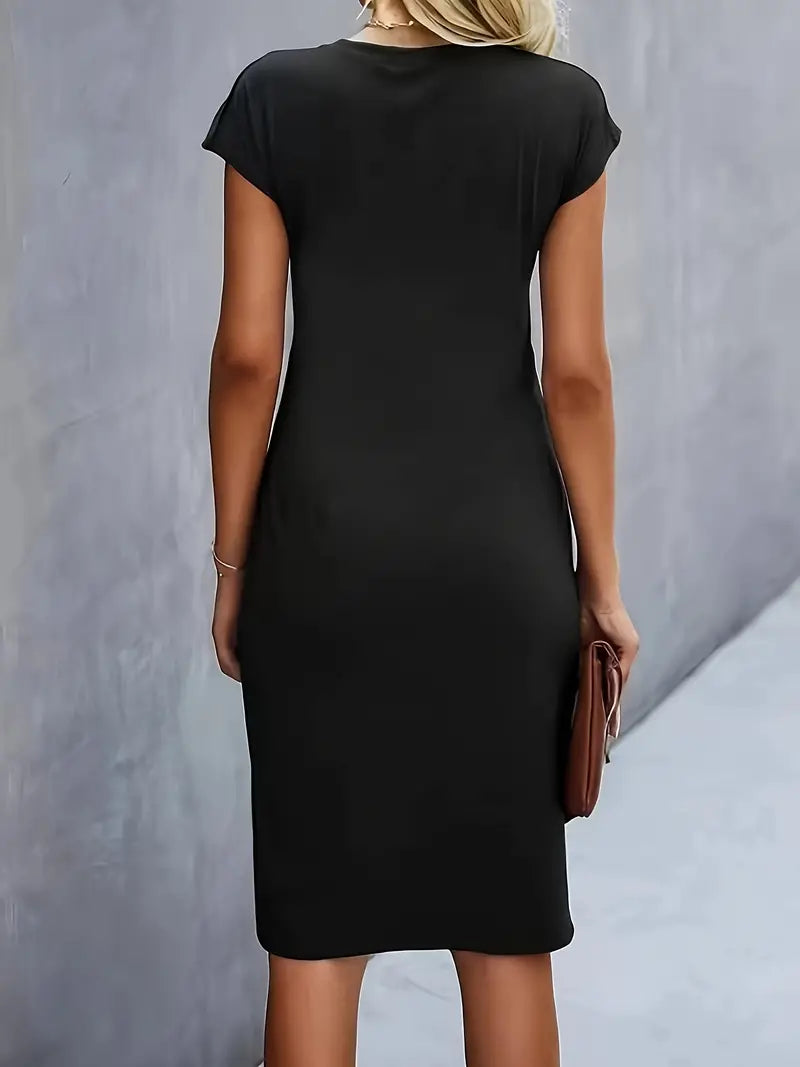 Women's Sheath Dress - Knee-Length - Short Sleeve - Fitted Ruched Waist Elegant Style