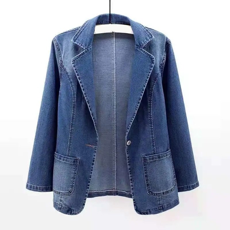 Women's Denim Blazer - Tailored Fit - Notched Lapel - Single-Breasted One-Button Closure