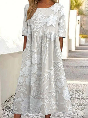 Women’s A-Line Dress – Floral Lace – Short Sleeve – Midi Length – Breathable Fabric