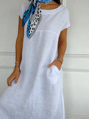 Women’s Midi Dress – Relaxed Fit – Breathable Blend – Round Neck – Short Sleeve – Pockets