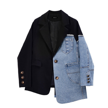 Women’s Jacket – Patchwork Denim Hybrid – Structured Fit – Notched Lapel – Smart Casual