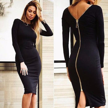 Women's Bodycon Dress - Slim Fit Midi-Length - Long Sleeve - Back Zip Elegant Wear