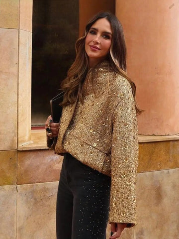 Women’s Bomber Jacket – Relaxed Fit – Cropped Sequin Design – Casual Statement Style