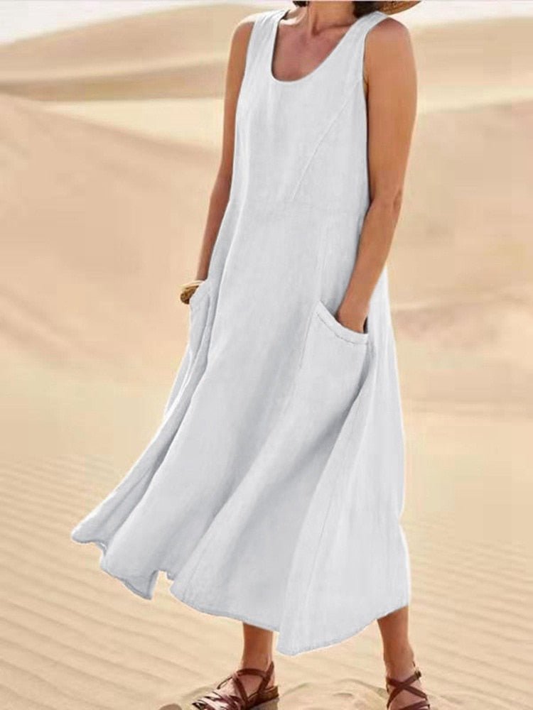 Women's Dress - Sleeveless Scoop Neck - Relaxed Fit - Lightweight with Pockets
