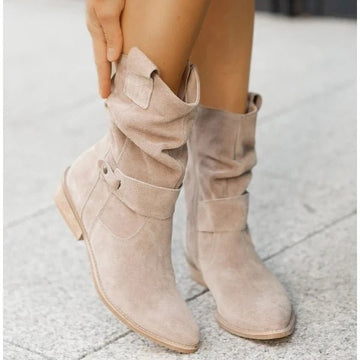 Women's Ankle Boots - Suede Finish - Low Heel - Slouchy Foldable Design - Strap Detail