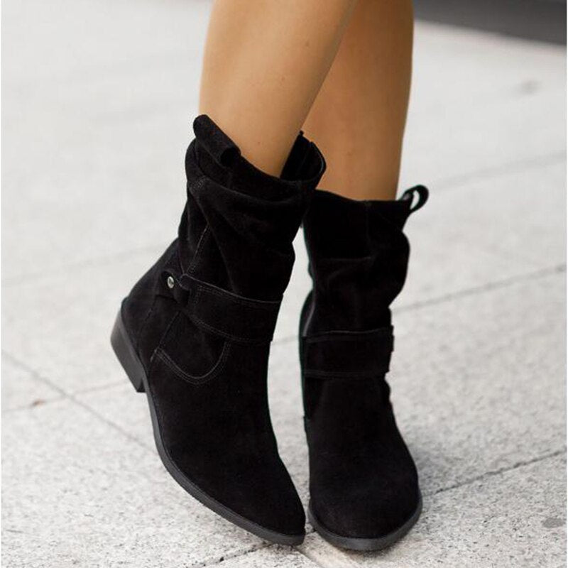 Women's Ankle Boots - Suede Finish - Low Heel - Slouchy Foldable Design - Strap Detail