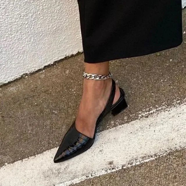 Women’s Slingback Heels – Croc-Embossed Leather – Pointed Toe – Block Heel