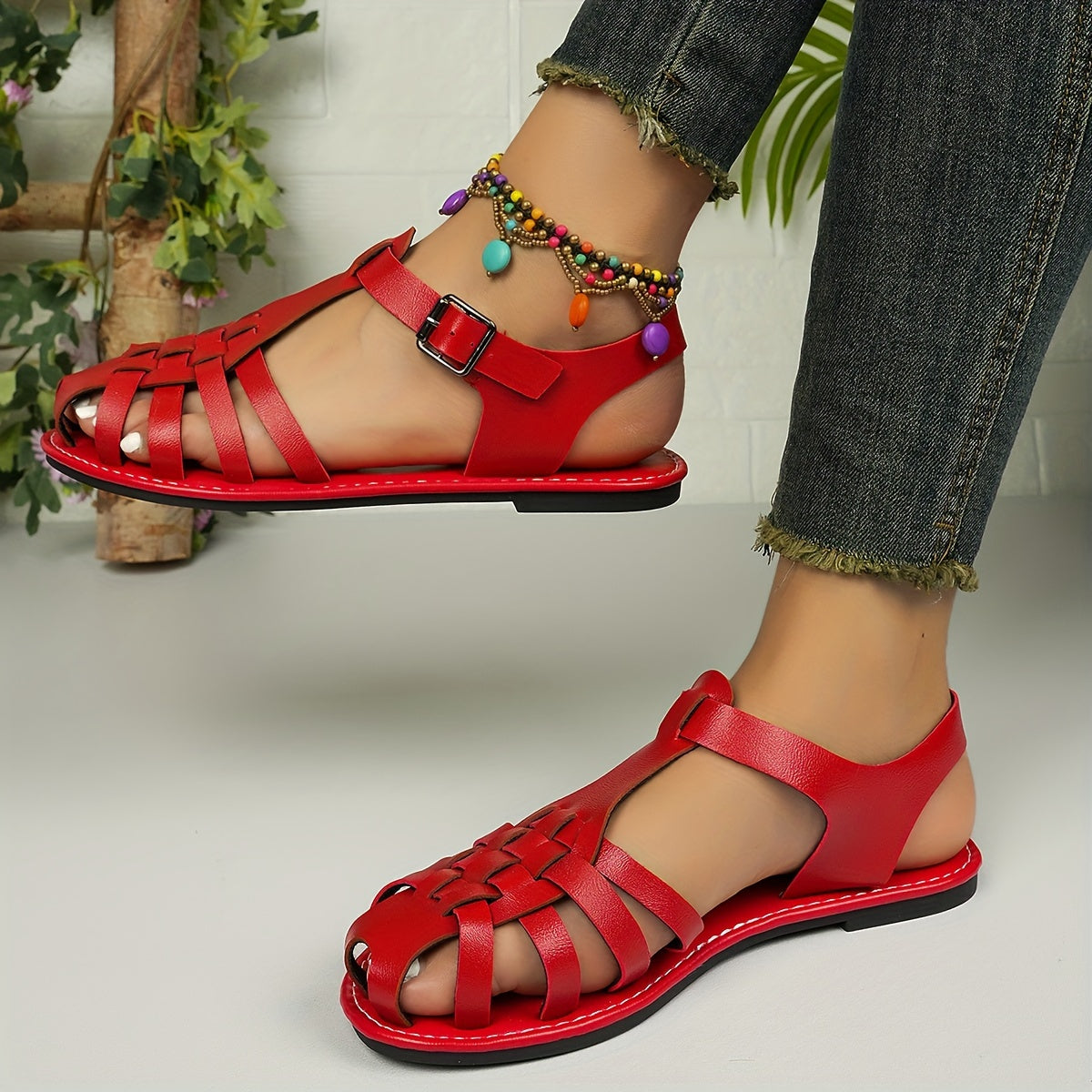 Ankle buckle strap sandals for women, perfect for summer casual wear and beach outings.