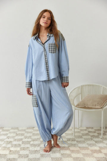 Women’s Pajama Set – Relaxed Fit – Soft Breathable Fabric – Plaid Trim Details