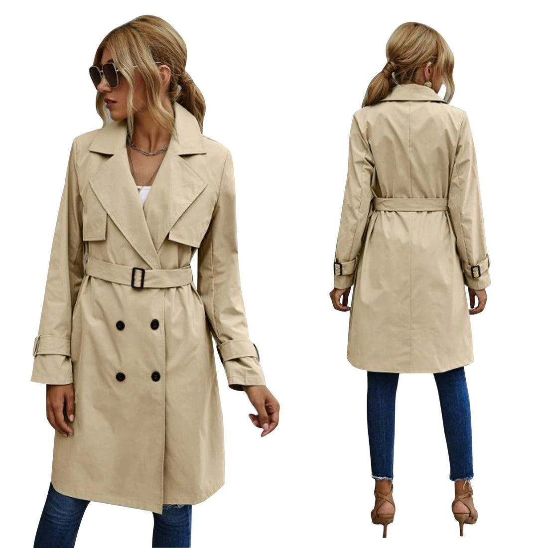 Women's Trench Coat – Tailored Fit – Double-Breasted – Belted Waist – Knee Length