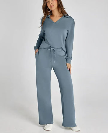 Women's Lounge Set - V-Neck Relaxed Fit Top - Wide-Leg Pants with Elastic Waist