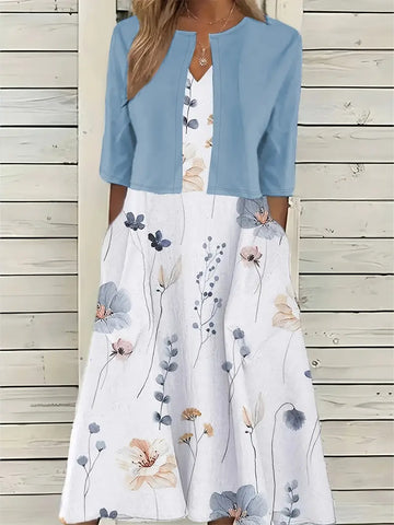 Women’s Two-Piece Set – Floral Midi Dress – A-Line Fit – Crop Top with Scoop Neck