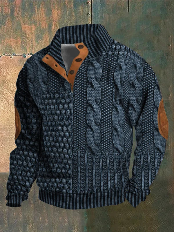 Men's cable design sweater with elbow patches, a cozy and stylish winter knit.