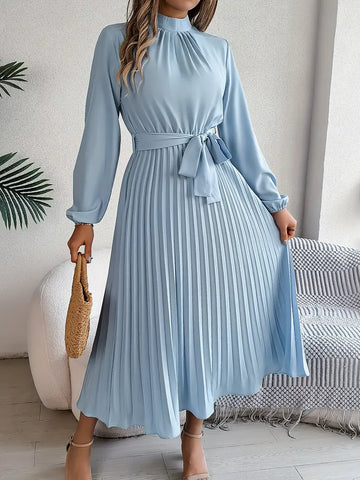 Women's Midi Dress - High Neck - Long Sleeve - Pleated Skirt - Waist Tie Belt