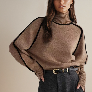 Women's Turtleneck Sweater - Wool Blend Knit - Relaxed Fit - Ribbed Cuffs & Contrast Piping