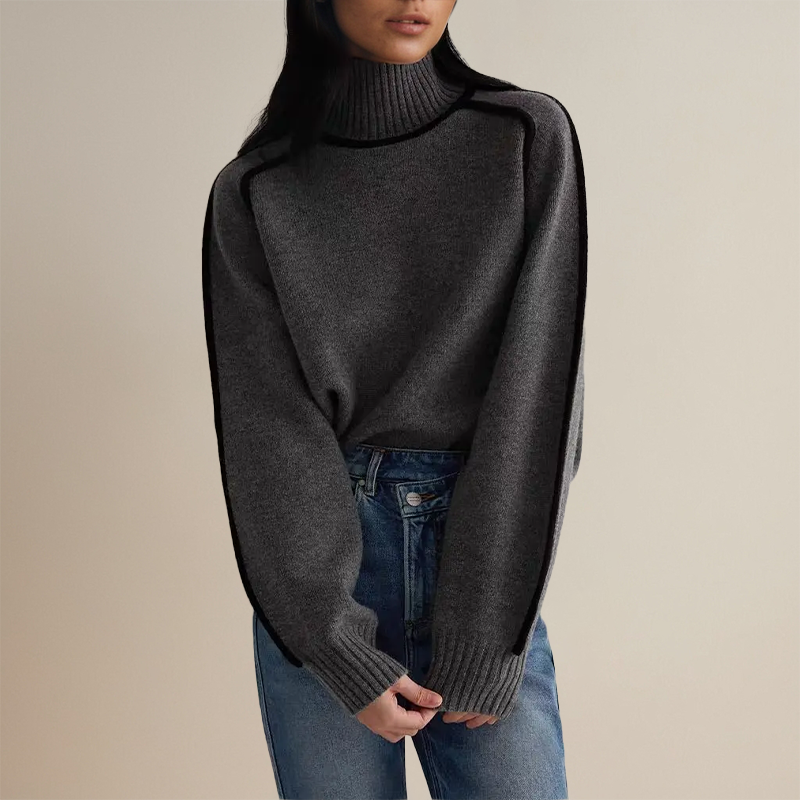 Women’s Turtleneck Knitted Sweater – Relaxed Fit – Wool Blend – Ribbed Details