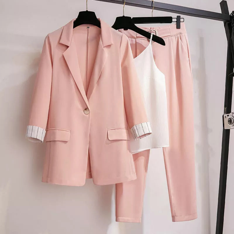 Women’s Three-Piece Blazer Set – Tailored Fit – Single Button – Classic Lapel – Turn-Up Cuffs