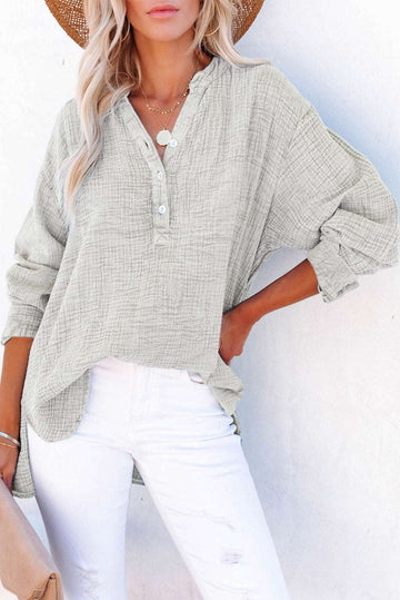 Women's Long Sleeve Blouse - 100% Cotton - Button Front - Relaxed Fit Textured Fabric