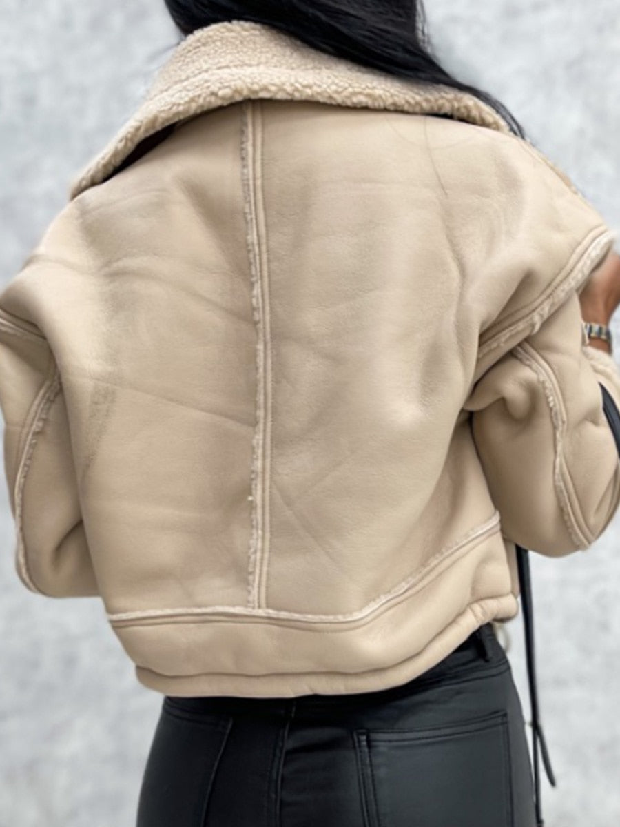 Women’s Biker Jacket – Cropped Fit – Faux Shearling Lined – Zip Detail – Tailored Shape