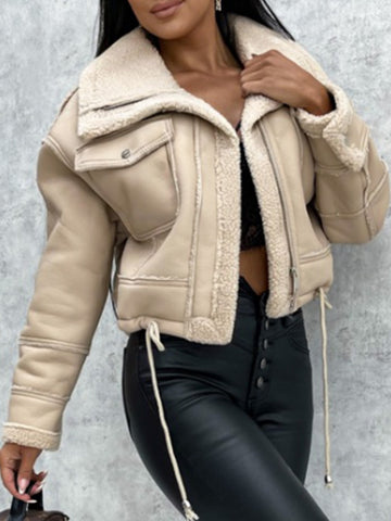 Women’s Biker Jacket – Cropped Fit – Faux Shearling Lined – Zip Detail – Tailored Shape