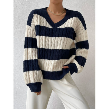 Women’s Sweatshirt – Oversized Fit – Wool Blend Cable Knit – V-Neck Striped Pullover