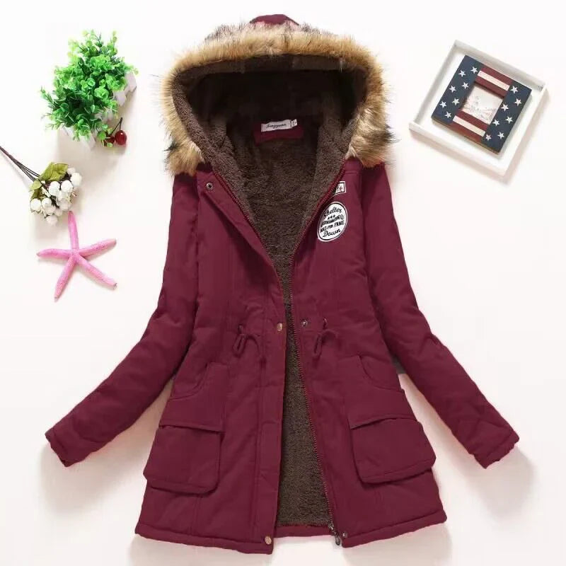 Women’s Parka Jacket – Fleece Lined – Faux Fur Hood – Adjustable Waist – Mid Length