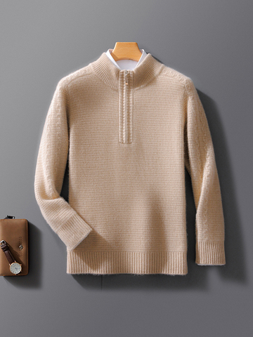 Men’s Sweater – Wool Knit – Relaxed Fit – Zip Collar – Long Sleeve Casual Wear
