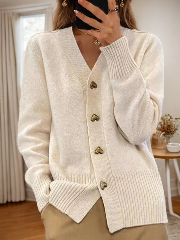 Women’s Knit Cardigan – Relaxed Fit – Wool Blend – V-Neck with Heart Buttons
