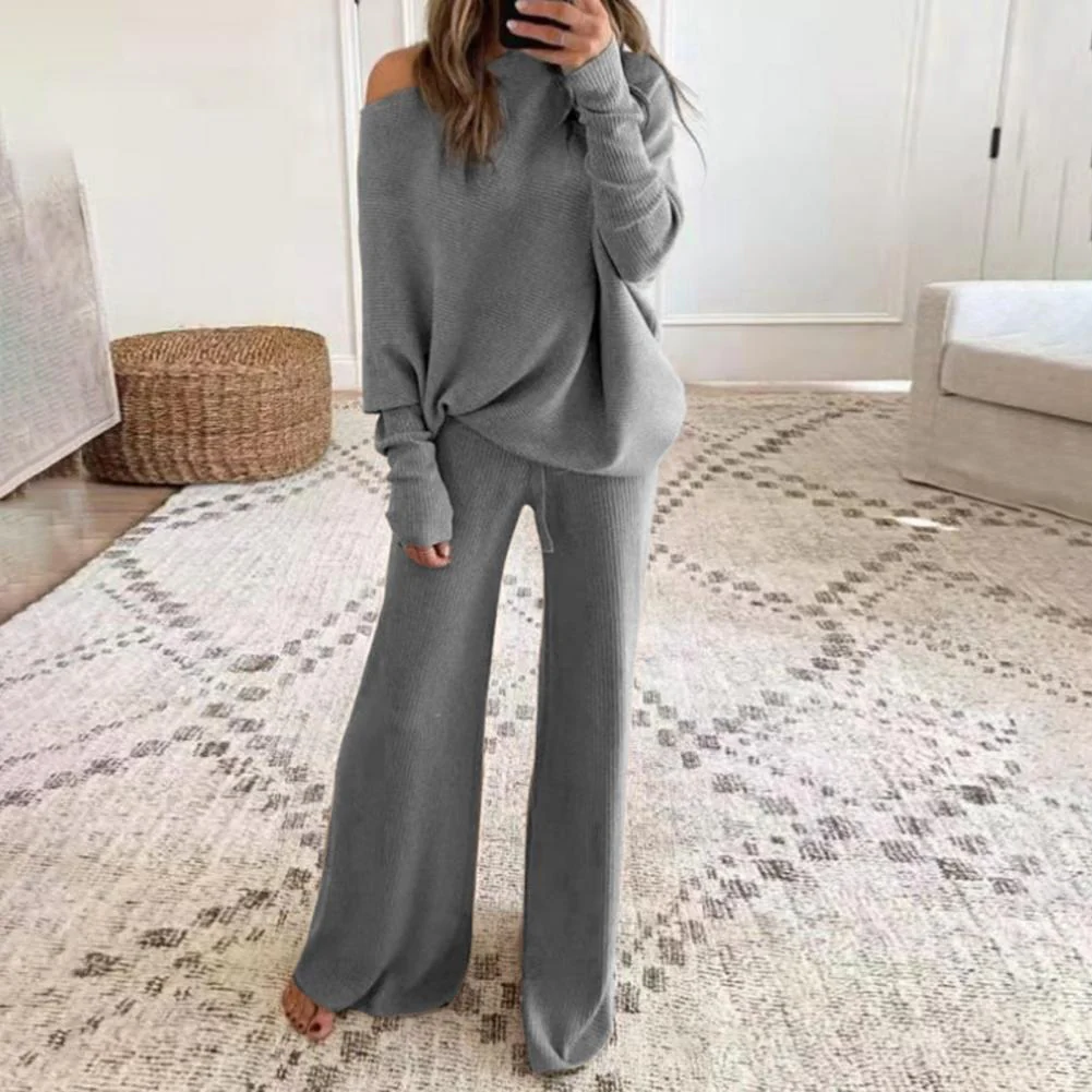 Women’s Two-Piece Loungewear Set – One-Shoulder Top – Wide-Leg Pants – Soft Knit – Oversized Fit