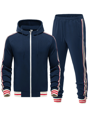 Men’s Two-Piece Tracksuit Set – Slim Fit Hooded Zip Jacket – Tapered Joggers – Striped Trim
