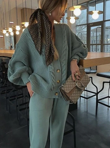 Women’s Two-Piece Knitwear Set – Relaxed Fit Cardigan and Tapered Pants – Wool Blend Knit