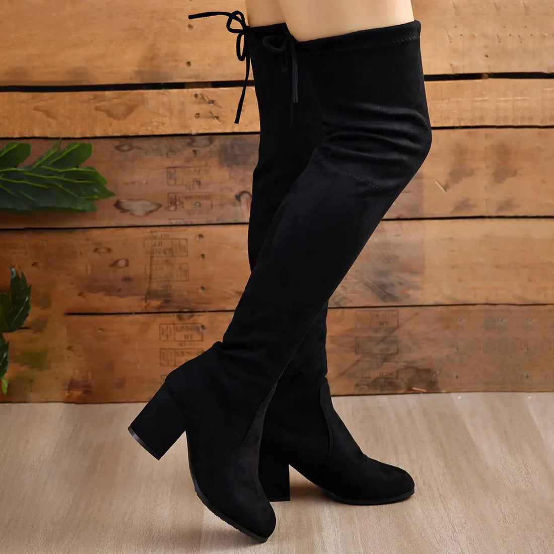 Women’s Over-the-Knee Boots – Stretch Fit – Suede-Like Finish – Block Heel – Lace-Up Back