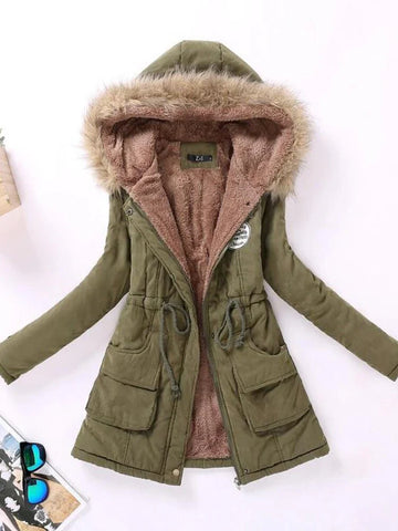 Women’s Parka Jacket – Fleece Lined – Faux Fur Hood – Adjustable Waist – Mid Length