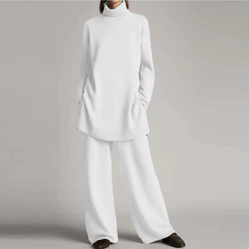 Women’s Two-Piece Loungewear Set – Knit Fabric – Oversized Turtleneck Top – Wide-Leg Pants