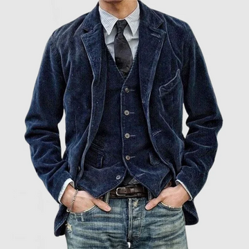 Men’s Two-Piece Blazer and Vest Set – Relaxed Fit Blazer – Tailored Vest – Corduroy Texture