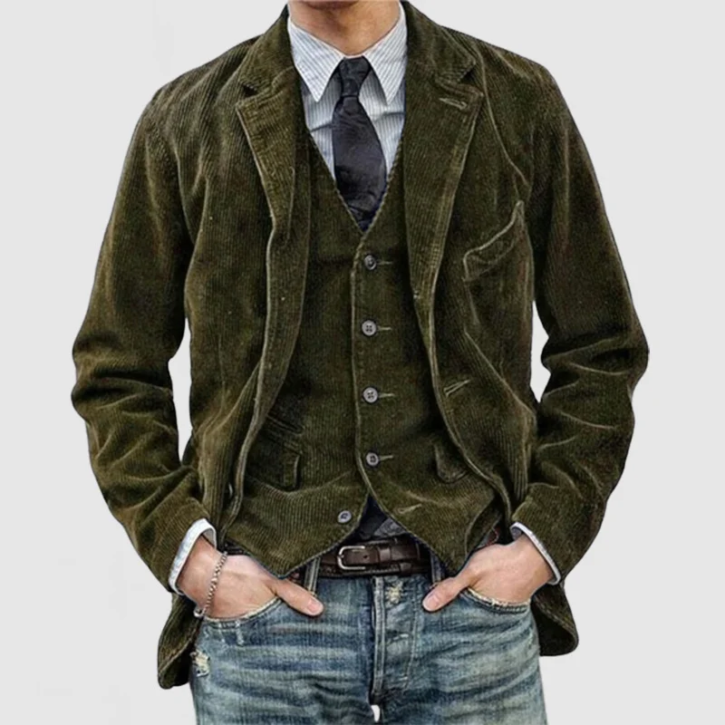 Men’s Two-Piece Blazer and Vest Set – Relaxed Fit Blazer – Tailored Vest – Corduroy Texture