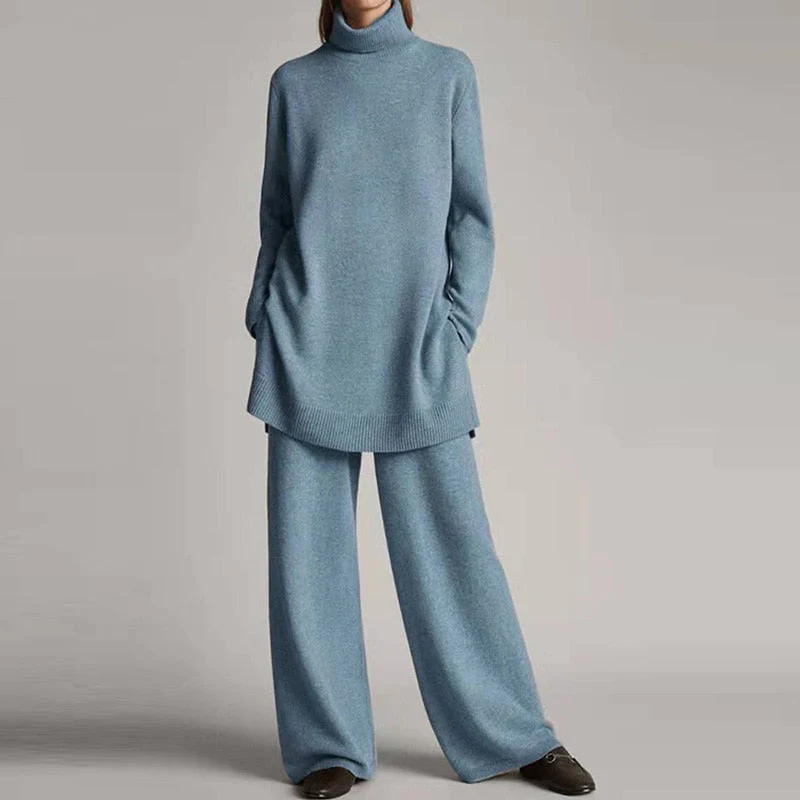 Women’s Two-Piece Loungewear Set – Knit Fabric – Oversized Turtleneck Top – Wide-Leg Pants