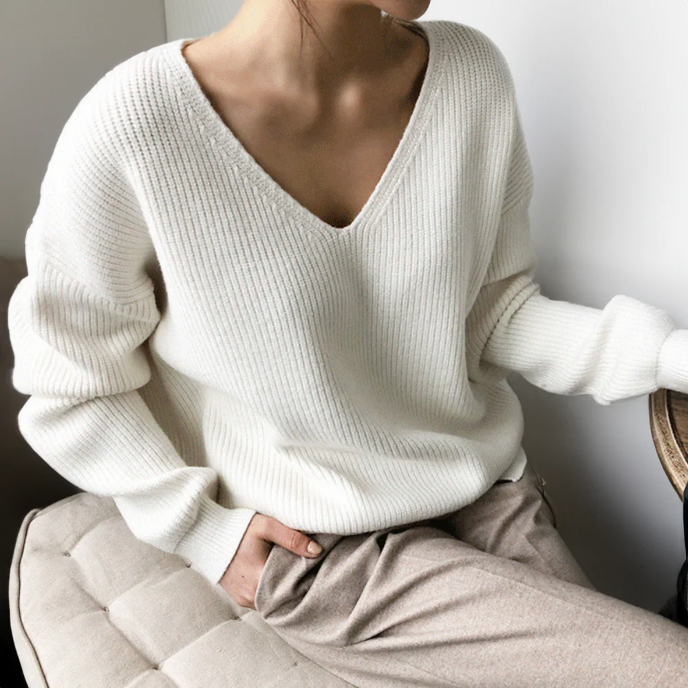 Women’s Pullover Sweatshirt – Relaxed Oversized Fit – Ribbed Knit – Deep V-Neck