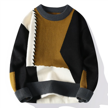 Men’s Sweater – Relaxed Fit – Knitted Wool Blend – Patchwork Fringe – Crew Neck Casual