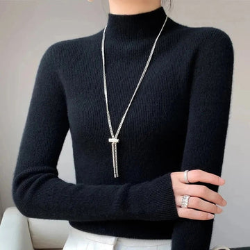 Women’s Pullover Sweater – Slim Fit – Wool Knit – Turtleneck – Ribbed Trim