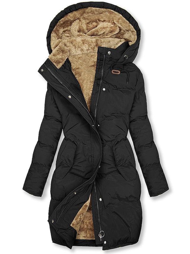 Women’s Mid-Length Hoodie Coat – Fur Lined – Padded Quilted – Relaxed Fit