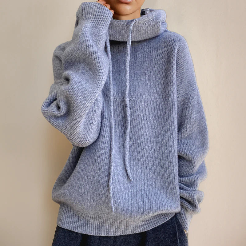 Women’s Knit Sweater – High Neck Drawstring – Oversized Fit – Soft Wool Blend