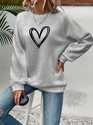 Women's Sweatshirt - Relaxed Fit - Heart Graphic - Long Sleeve Casual Wear