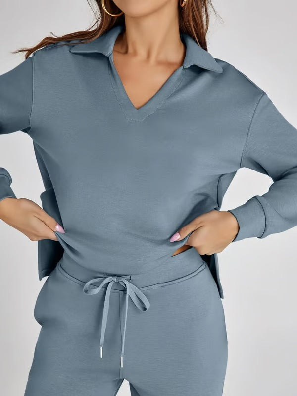 Women's Lounge Set - V-Neck Relaxed Fit Top - Wide-Leg Pants with Elastic Waist