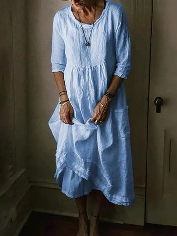 Women's Dress - Loose Fit Cotton Linen - Round Neck - 3/4 Sleeve - Asymmetric Hem - Pockets