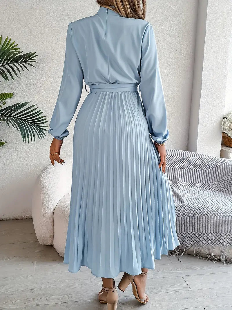 Women's Midi Dress - High Neck - Long Sleeve - Pleated Skirt - Waist Tie Belt