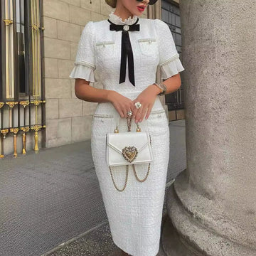 Women's Tweed Midi Dress - Fitted Silhouette - Ruffle Sleeves - Vintage Elegance