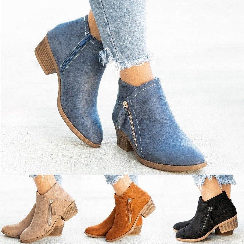 Women's Ankle Boots - Low Block Heel - Zipper Closure - Comfortable Wear