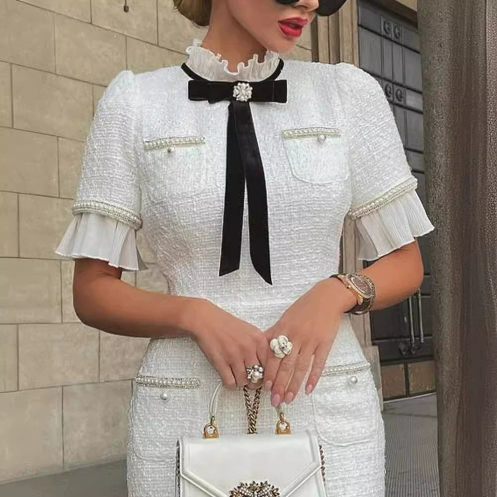 Women's Tweed Midi Dress - Fitted Silhouette - Ruffle Sleeves - Vintage Elegance