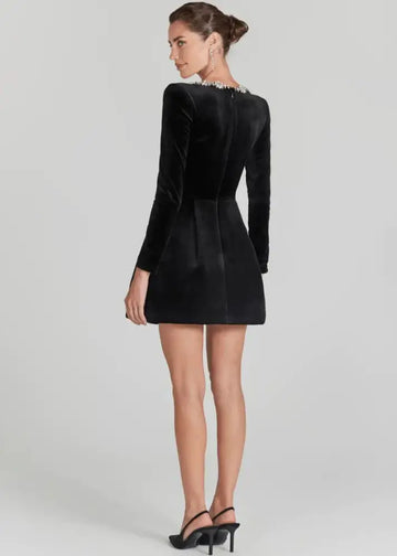 Women's Mini Dress - Fitted Silhouette - Long Sleeve - High Neck Embellished Elegant Wear